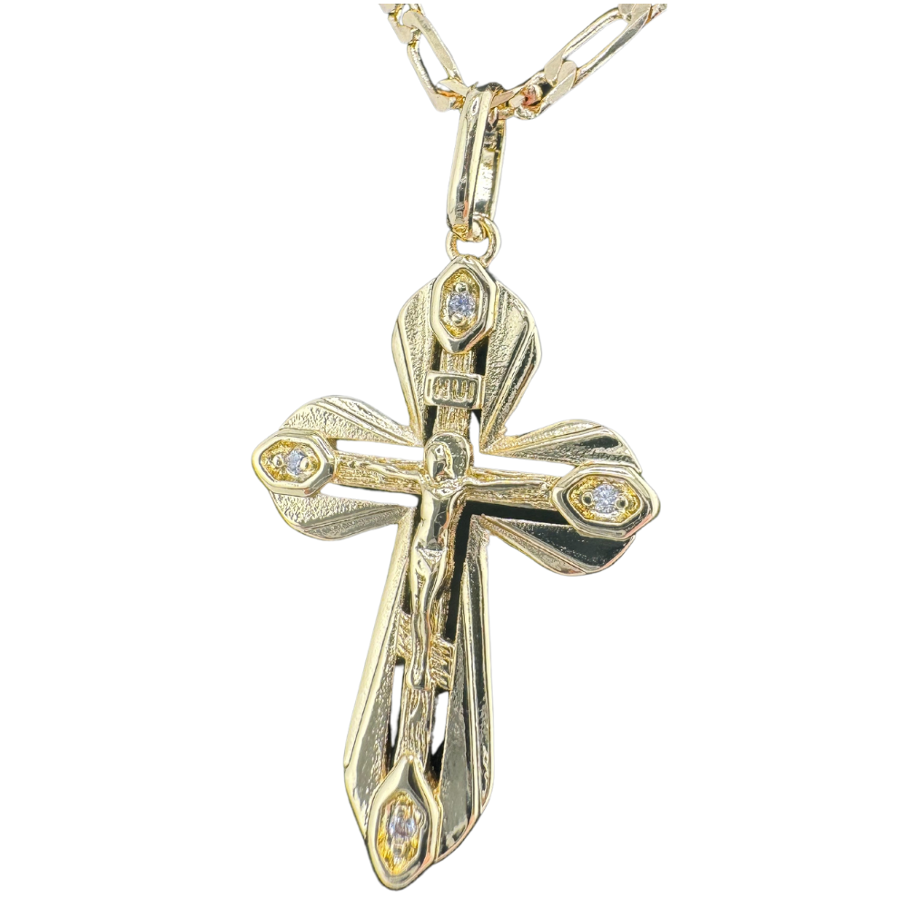 Divine Elegance: Orthodox Cross Pendant Plated In 14K Gold Brass Based with Zircon Stone w/o Chain Divine Elegance: Orthodox Cross Pendant Plated In 14K Gold Brass Based with Zircon Stone w/o Chain